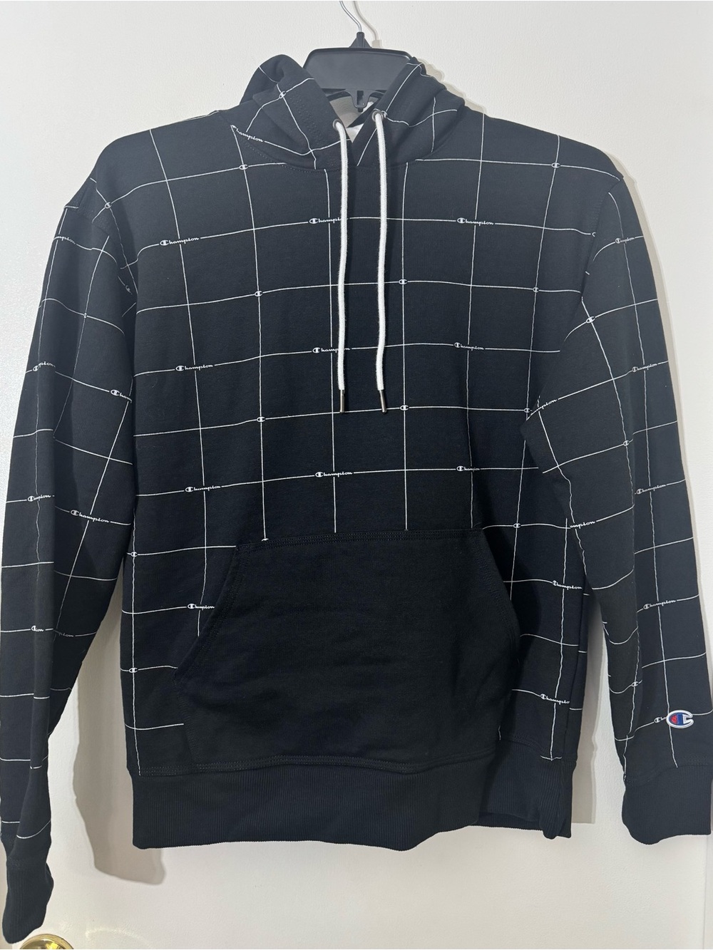 Champion Black Grid-Pattern Hoodie with White Drawstrings